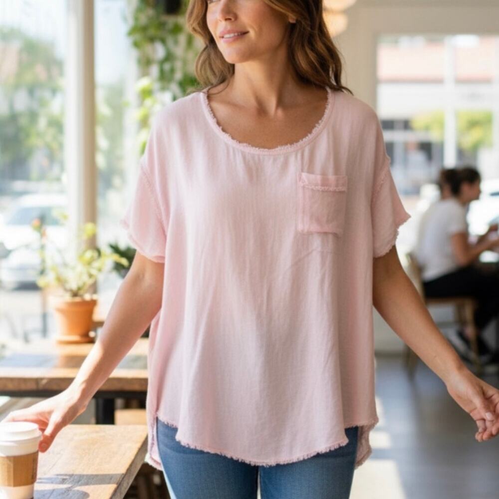 Anthropologie Pure + Good light Pink Linen Short Sleeve Shirt Medium Top NWT